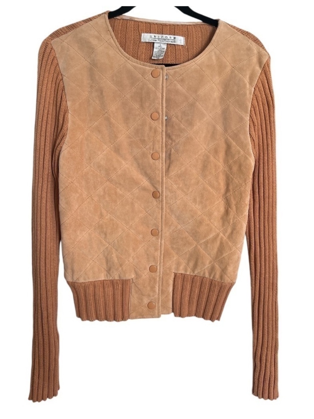 John Paul Richard Tan Leather & Knit Button Front Jacket